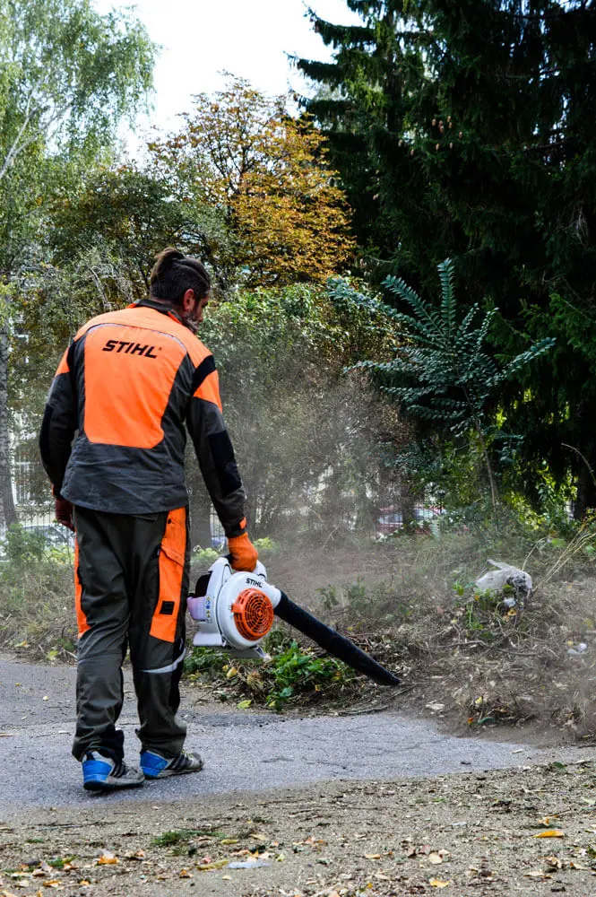 Воздуходувка Stihl сдувает пыль с дороги